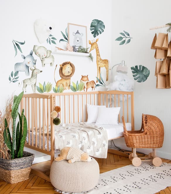 Kids Watercolor Safari Animals with Tropical Leaves Wall Decal Sticker