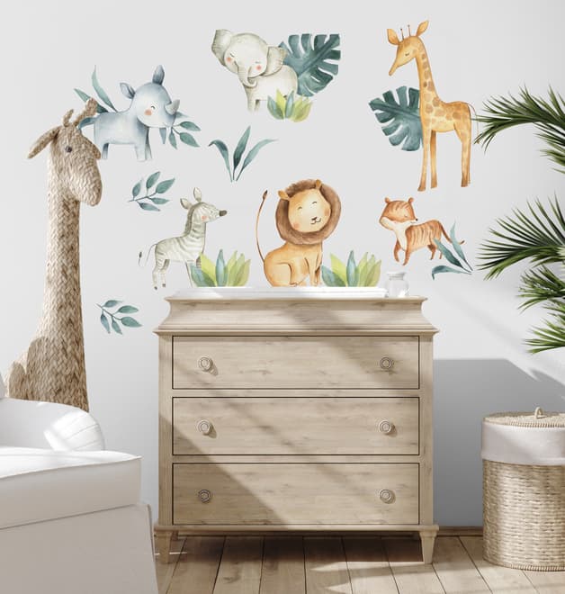 Kids Watercolor Safari Animals with Tropical Leaves Wall Decal Sticker