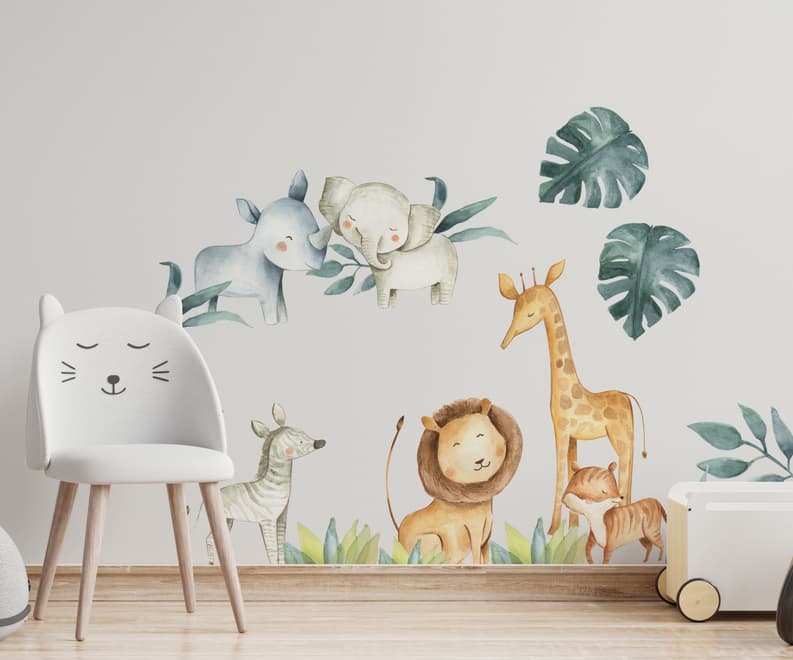Kids Watercolor Safari Animals with Tropical Leaves Wall Decal Sticker