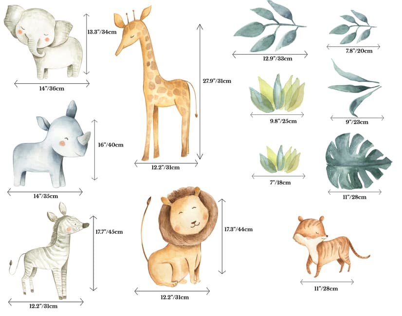 Kids Watercolor Safari Animals with Tropical Leaves Wall Decal Sticker