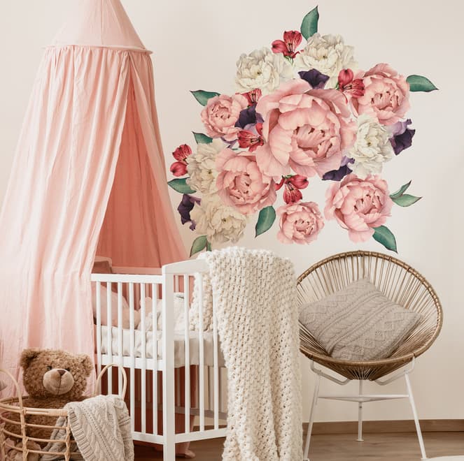 White Pink Peony Florals with Red Purple Tulips Wall Decal Sticker