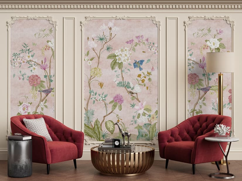 Papier peint panoramique floral Chinoiserie coloré