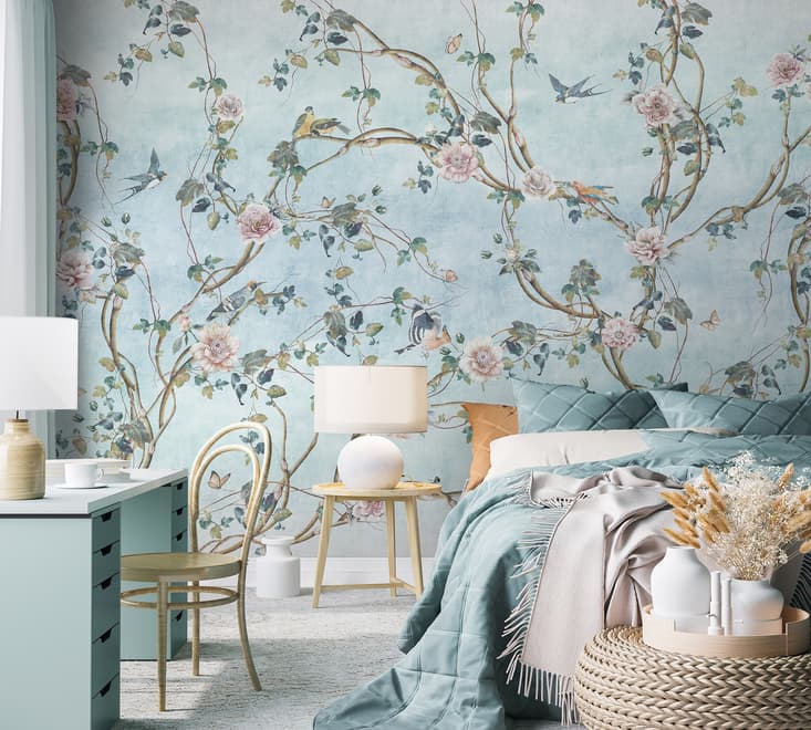 Watercolor Chinoiserie Floral Peony Blossom Wallpaper Mural