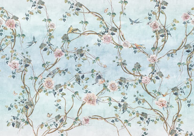 Watercolor Chinoiserie Floral Peony Blossom Wallpaper Mural
