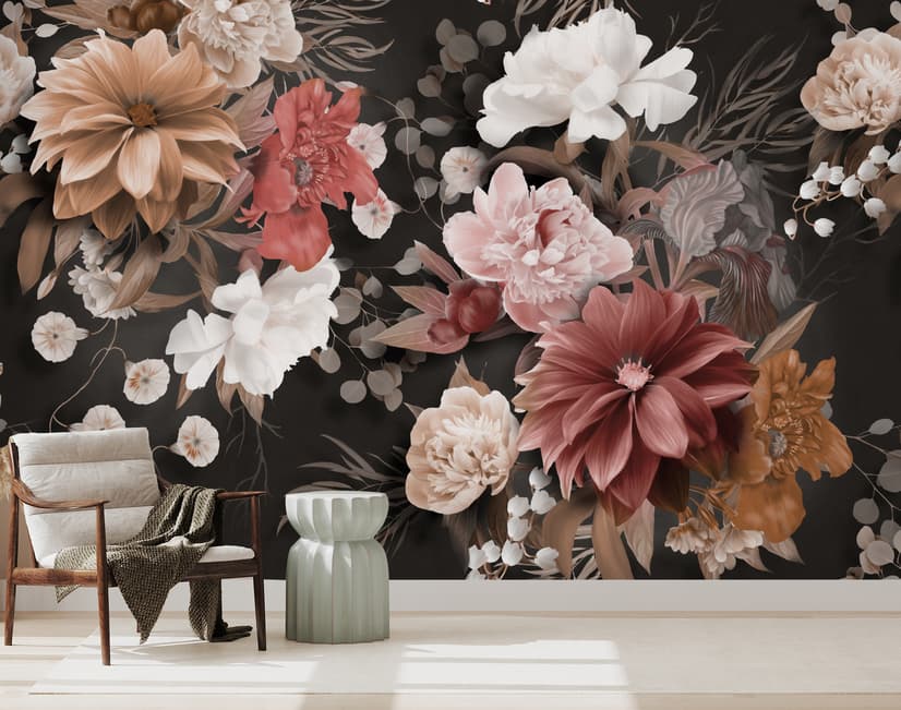 Realistic Dark Floral Wallpaper Mural