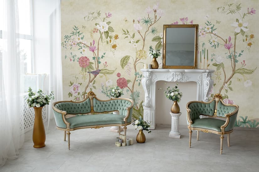 Papier peint panoramique floral Chinoiserie coloré