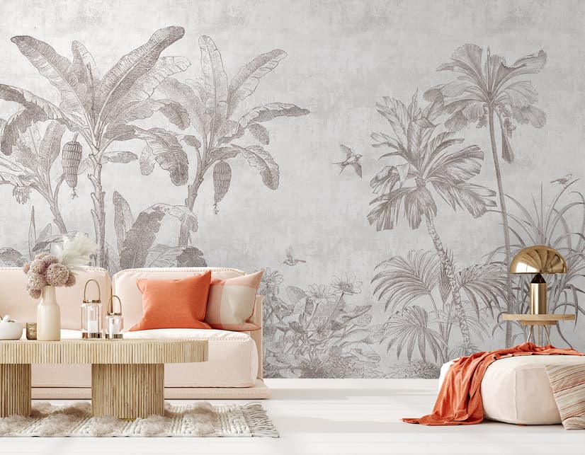 Monochrome Antique Jungle Landscape Wallpaper Mural
