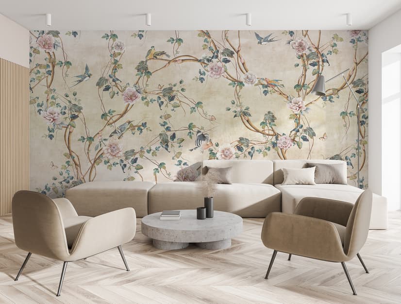 Watercolor Chinoiserie Floral Peony Blossom Wallpaper Mural