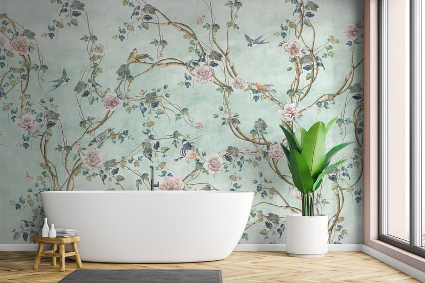 Watercolor Chinoiserie Floral Peony Blossom Wallpaper Mural