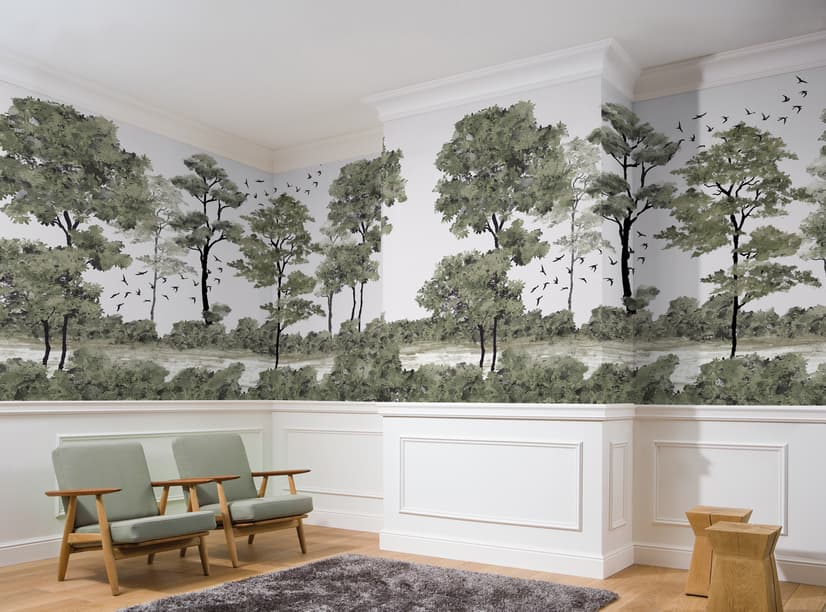 Monochrome Watercolor Big Trees Wallpaper Mural