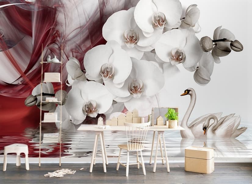 Fototapete mit Schwan und Weiße Orchidee mit Rotem Rauchmuster