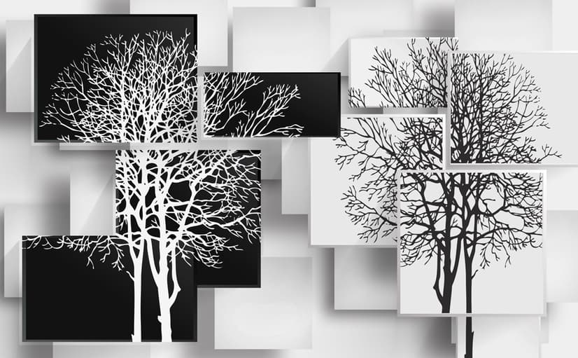 Papier peint panoramique arbre noir et blanc avec cubes abstraits