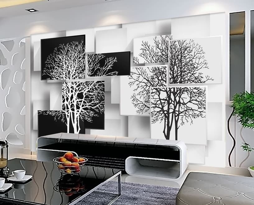 Papier peint panoramique arbre noir et blanc avec cubes abstraits