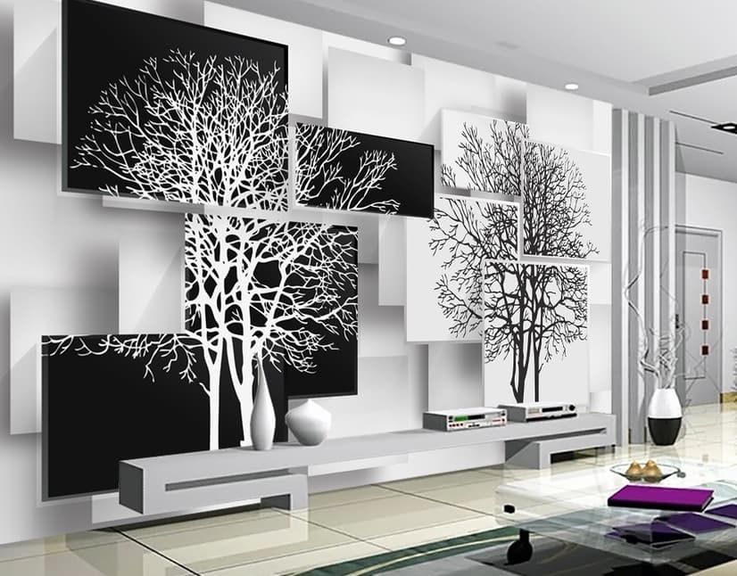Papier peint panoramique arbre noir et blanc avec cubes abstraits
