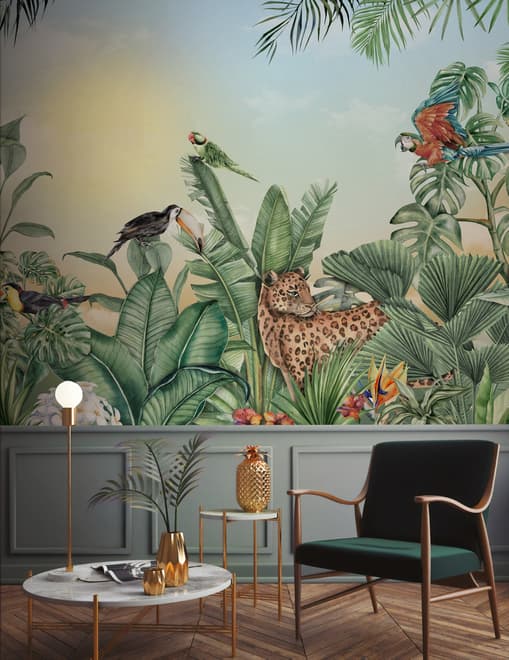 Leopard and Colorful Parrot in the Tropical Forest Wallpaper Mural