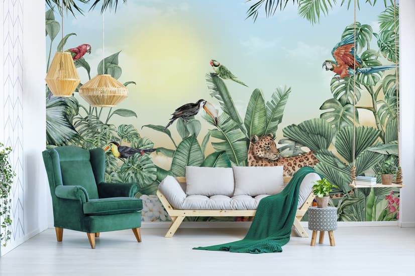 Leopard and Colorful Parrot in the Tropical Forest Wallpaper Mural
