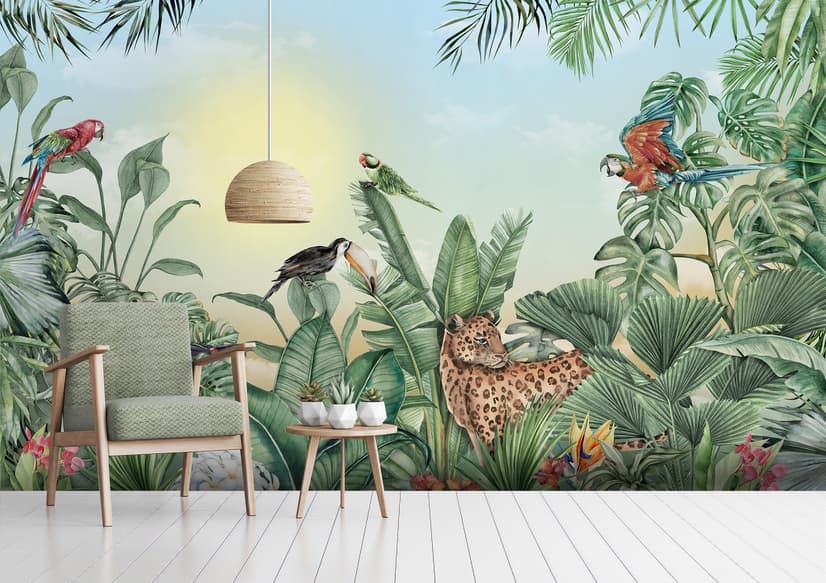 Leopard and Colorful Parrot in the Tropical Forest Wallpaper Mural