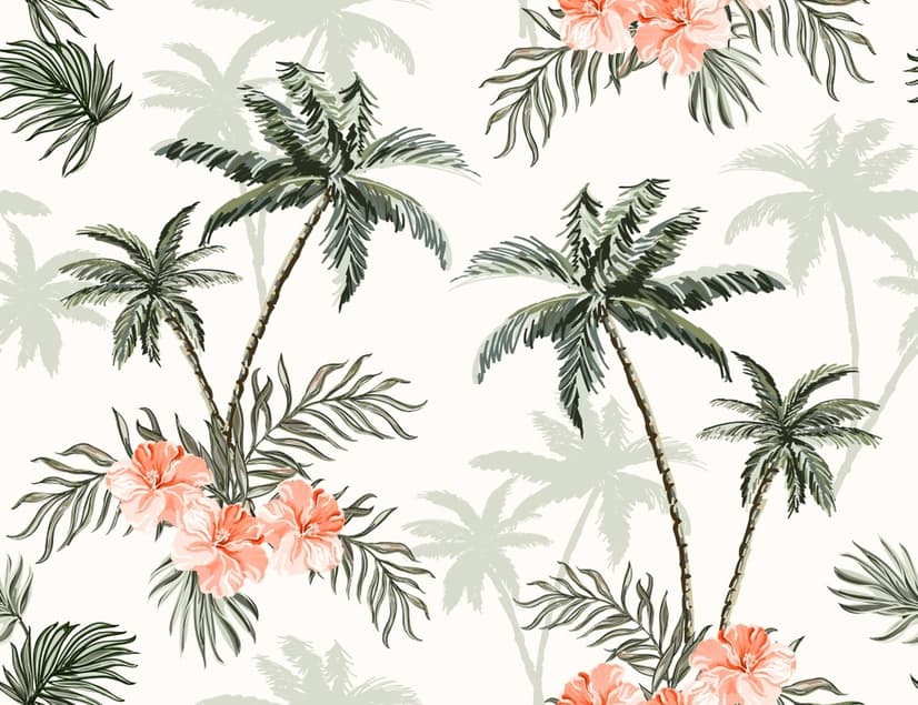 Tropical Palm Tree with Mirabilis Floral Pattern Wallpaper Mural