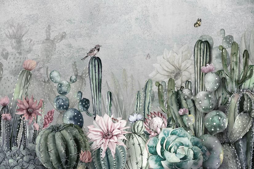 Watercolor Cactus with Flowers Wallpaper Mural