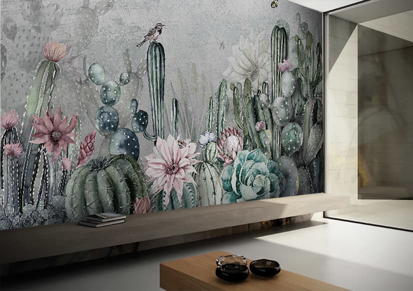 Watercolor Cactus with Flowers Wallpaper Mural