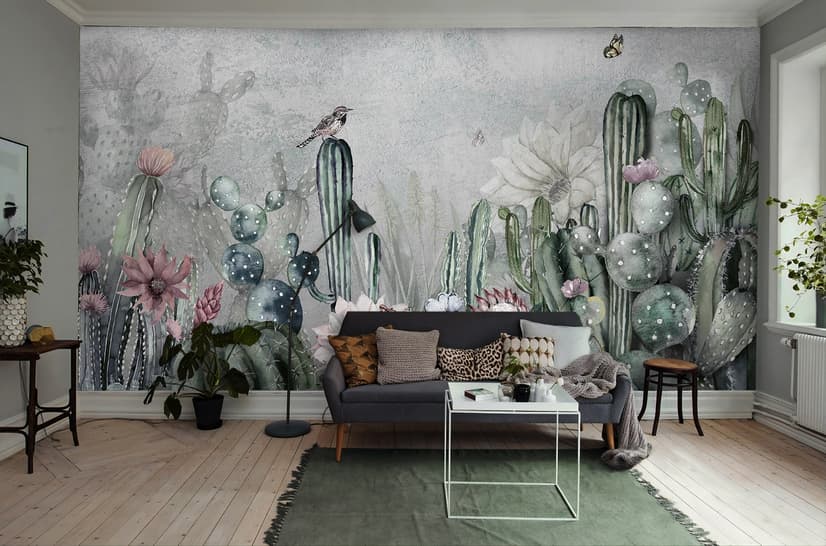 Watercolor Cactus with Flowers Wallpaper Mural