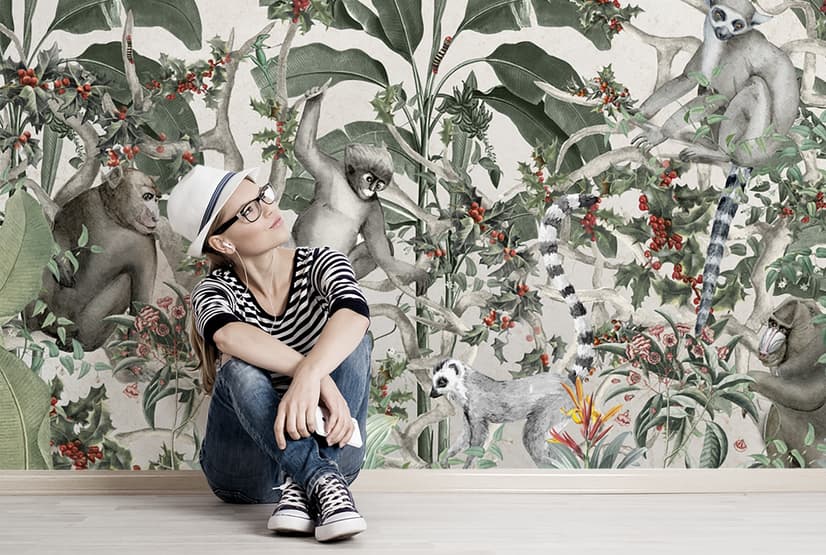 Forest with Monkey and Lemur Wallpaper Mural
