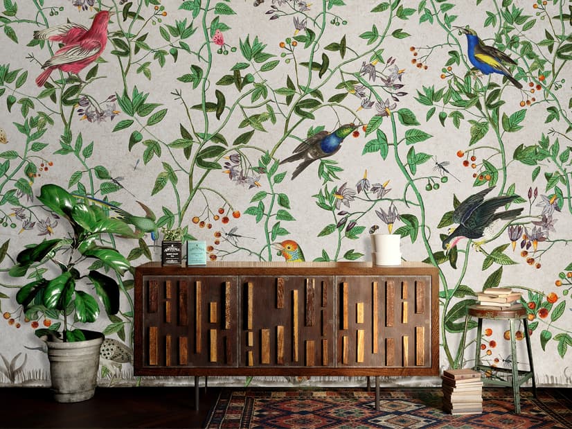 Tropical Green Leaves with Stork and Duck Wallpaper Mural