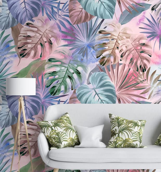 Papier peint panoramique de feuilles tropicales colorées