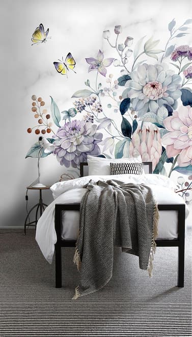 Soft Victorian Floral and Yellow Butterfly Wallpaper Mural