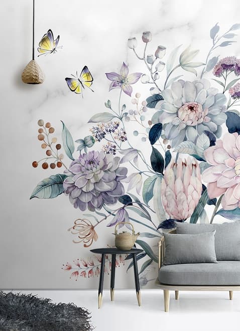 Soft Victorian Floral and Yellow Butterfly Wallpaper Mural
