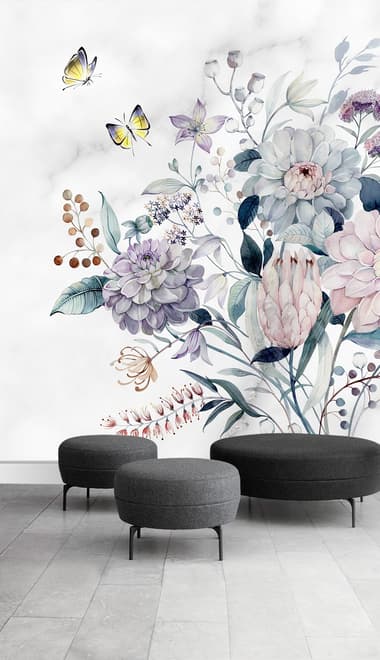 Soft Victorian Floral and Yellow Butterfly Wallpaper Mural