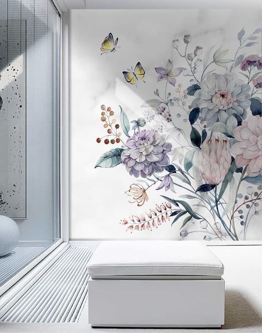 Soft Victorian Floral and Yellow Butterfly Wallpaper Mural