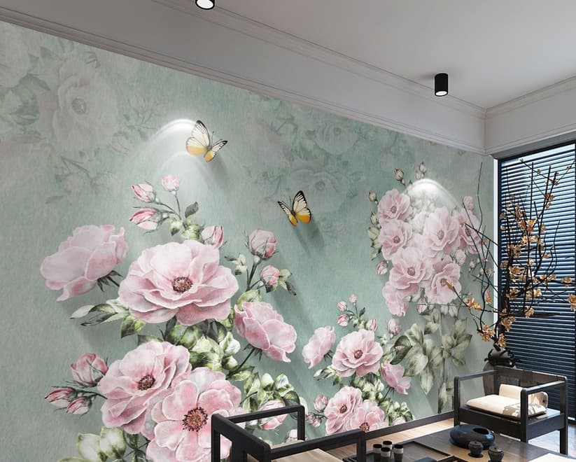 Vintage Pink Floral and Yellow Butterfly Wallpaper Mural