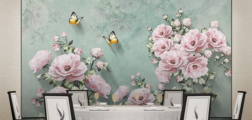 Vintage Pink Floral and Yellow Butterfly Wallpaper Mural
