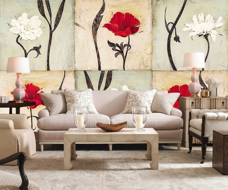 Vintage Red White Floral Wallpaper Mural
