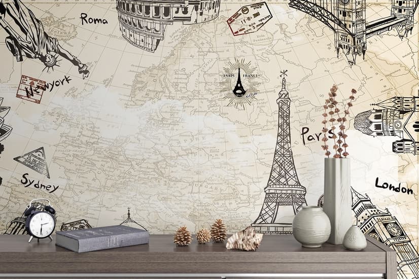 Vintage Map with Eiffel Tower Statue of Liberty Wallpaper Mural