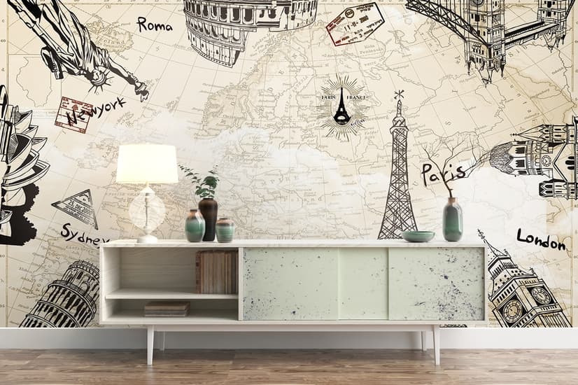 Vintage Map with Eiffel Tower Statue of Liberty Wallpaper Mural