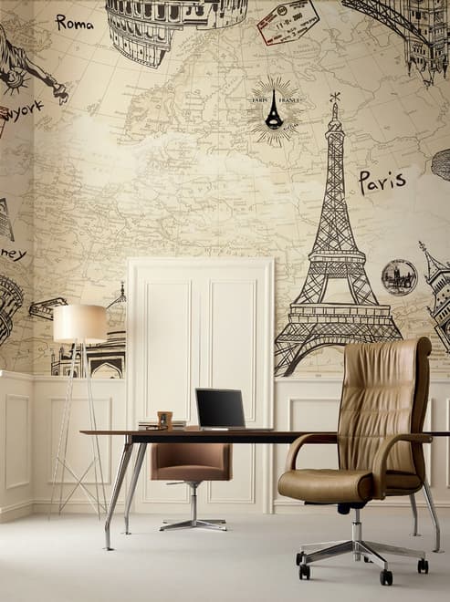Vintage Map with Eiffel Tower Statue of Liberty Wallpaper Mural