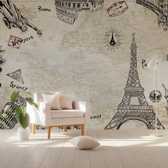 Vintage Map with Eiffel Tower Statue of Liberty Wallpaper Mural