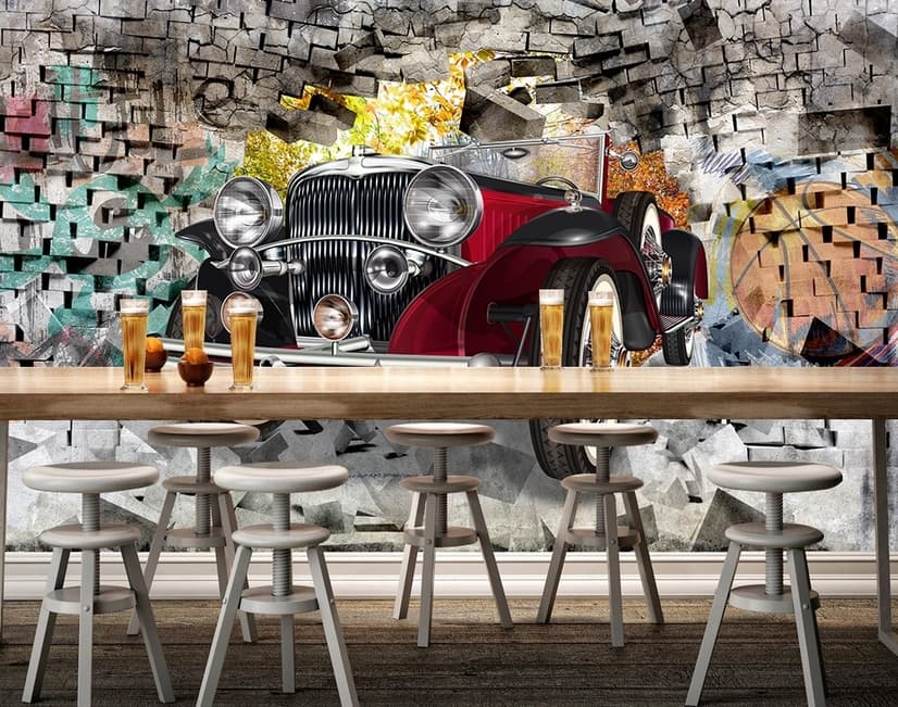 Vintage Car with Graffiti Brick Wallpaper Mural