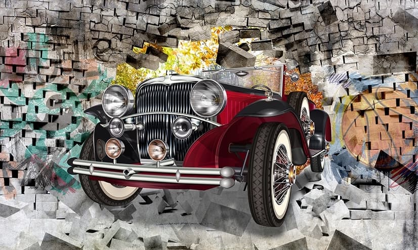 Vintage Car with Graffiti Brick Wallpaper Mural