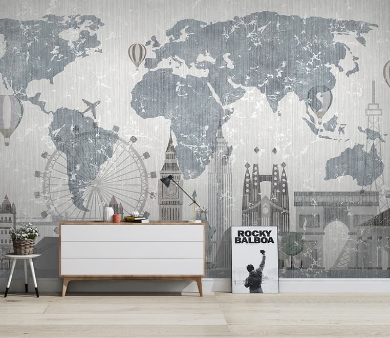 Vintage World Map with Old Hot Air Balloon Wallpaper Mural