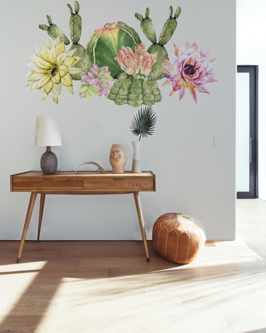 Watercolor Pink Yellow Cactus Florals Wall Decal Sticker
