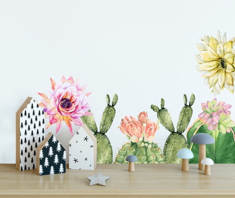 Watercolor Pink Yellow Cactus Florals Wall Decal Sticker