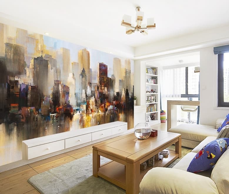 Watercolor Dark City Landscape Wallpaper Mural