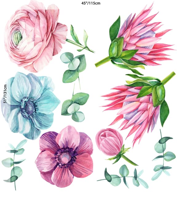 Watercolor Pink Protea with Ranunculus and Tulips Wall Decal Sticker