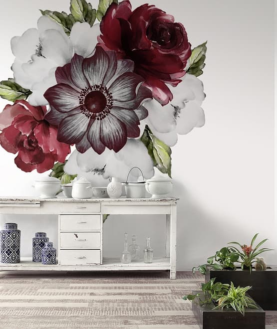 Watercolor Red Rose and Anemone Floral Bouqets Wall Decal Sticker