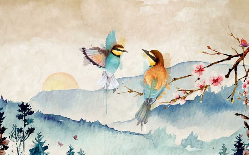 Watercolor Winter Landscape and Colorful Bird Wallpaper Mural
