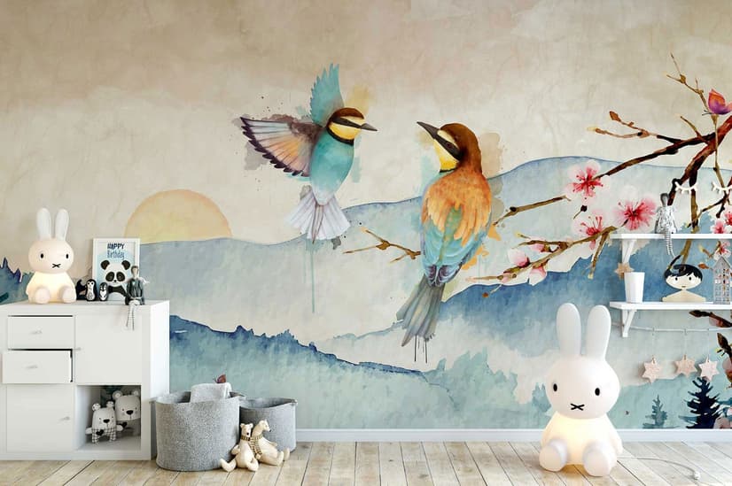Watercolor Winter Landscape and Colorful Bird Wallpaper Mural
