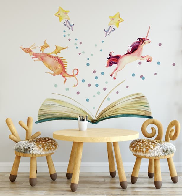 Stickers muraux licorne et dinosaures dans un livre d’histoires aquarelle pour enfants